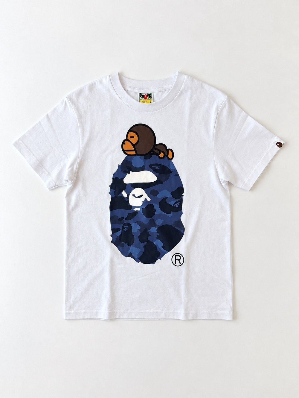 BAPE ABC Camo Milo on Big Ape Head Tee White Blue Size S New With Tags